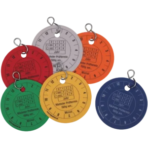 Prüfplaketten Hart-PVC (75 mm, mit Anhängeöse)